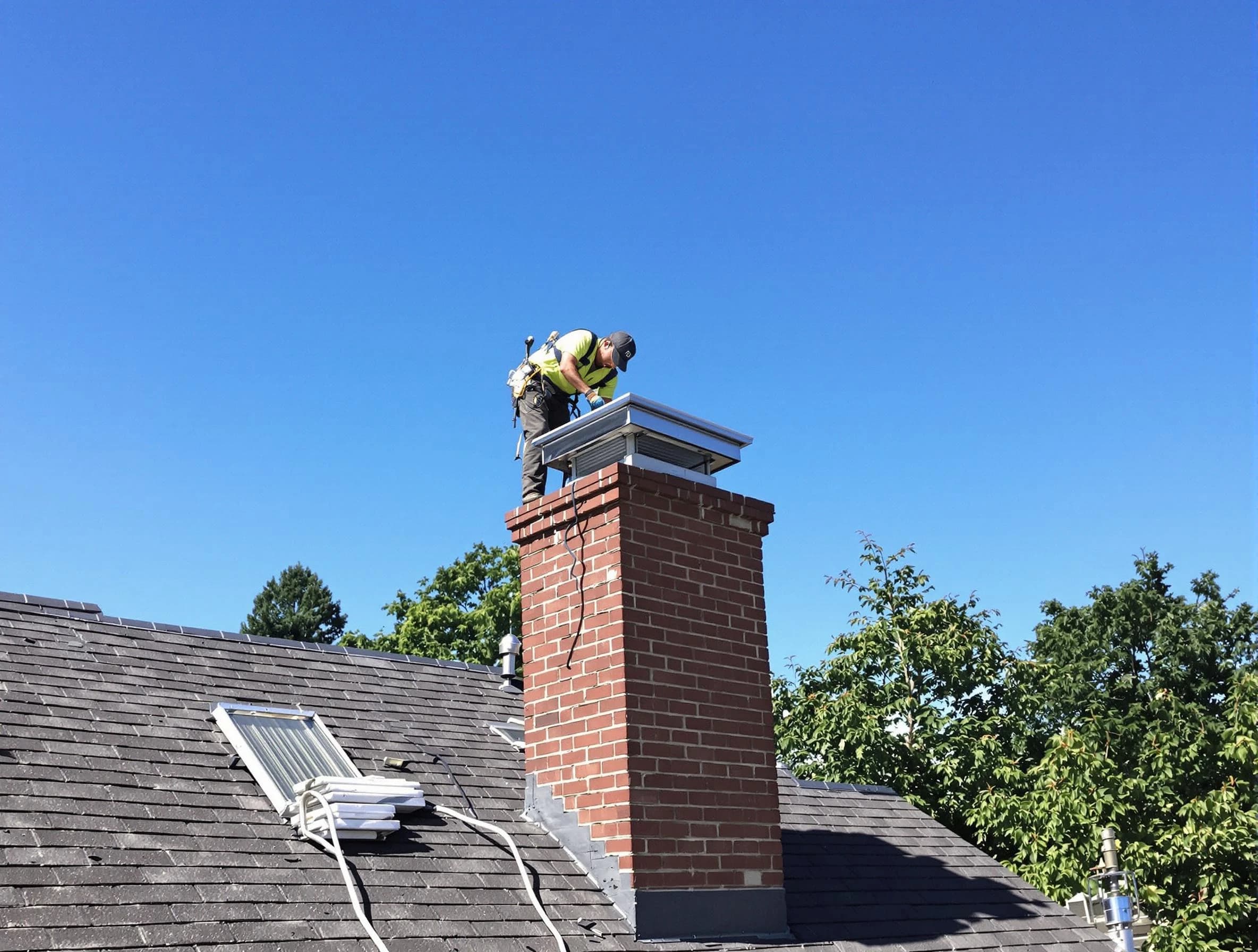 Baldwin Chimney Sweep technician measuring a chimney cap in Baldwin, PA