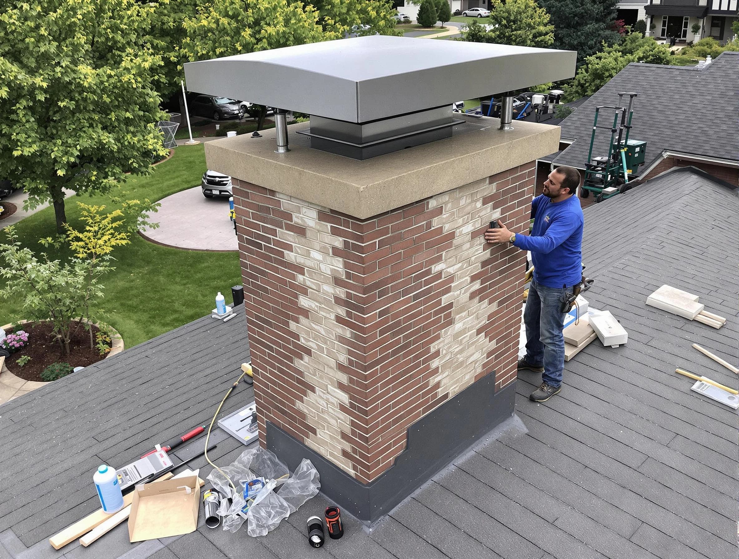 Baldwin Chimney Sweep team working on a custom chimney remodel in Baldwin, PA